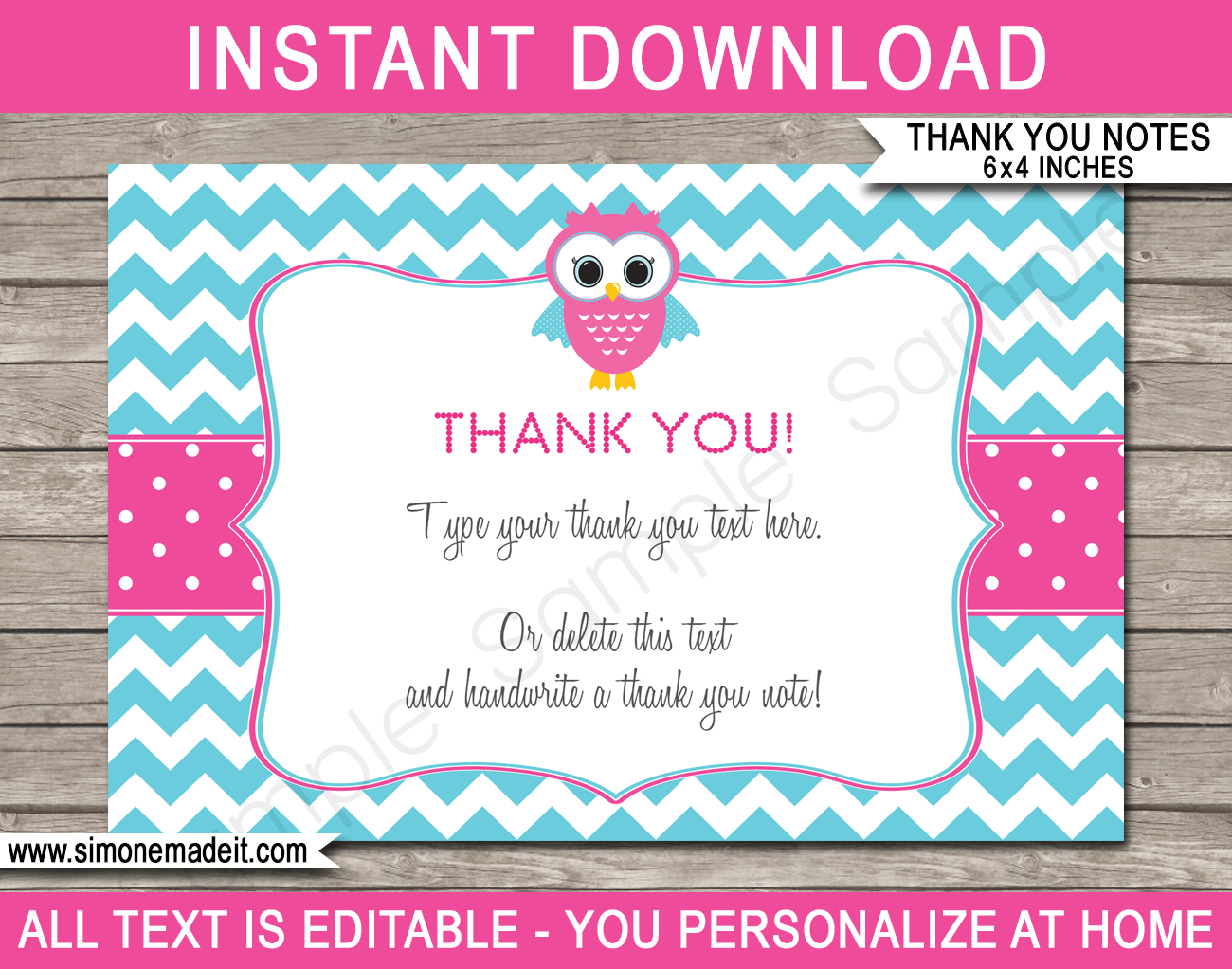 Printable Owl Birthday Party Thank You Cards Template - Owl theme - Editable Text - Instant Download via simonemadeit.com