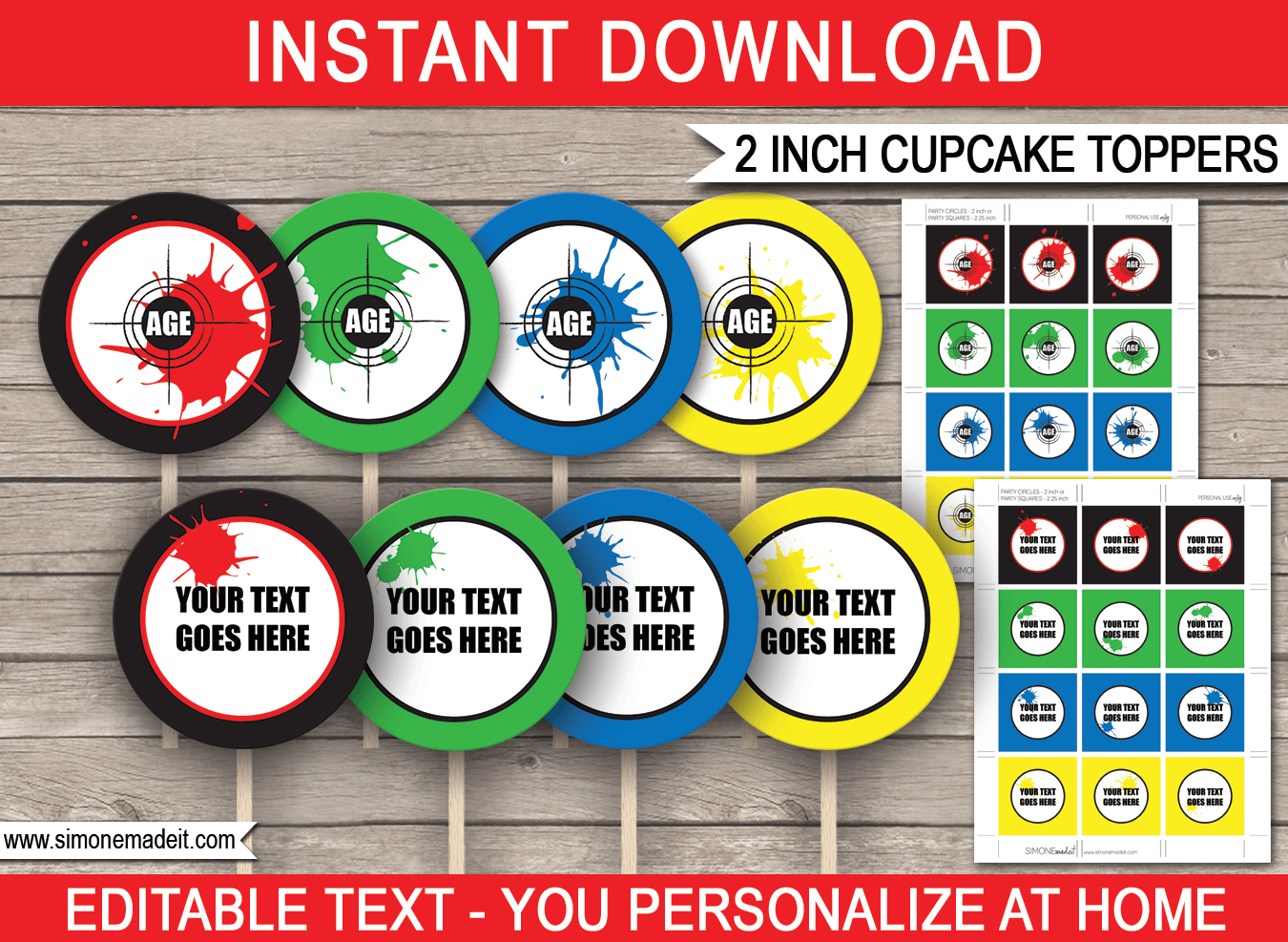 Printable Paintball Cupcake Toppers Template | Paintball Birthday Party Theme | 2 inch | Gift Tags | DIY Editable & Printable Template | INSTANT DOWNLOAD via simonemadeit.com