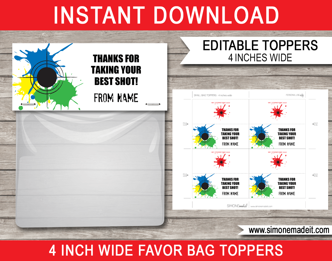 Printable Paintball Party Favor Bag Toppers Template | Birthday Party Favors | $3.00 INSTANT DOWNLOAD via SIMONEmadeit.com