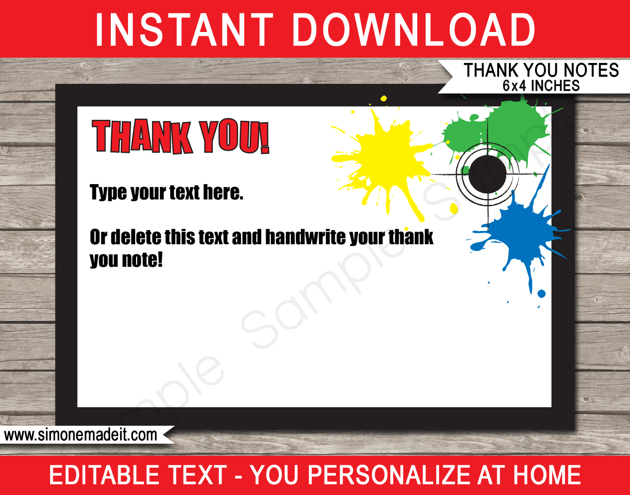 Printable Paintball Party Thank You Cards Template - Paintball Birthday Party theme - Editable Text - Instant Download via simonemadeit.com