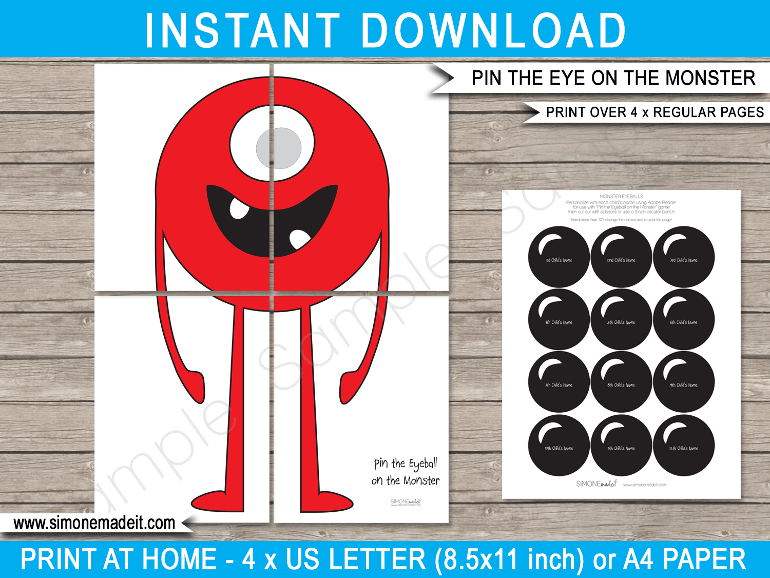 Printable Pin the Eye on the Monster Party Game Template | Birthday Party Games | DIY Print at Home |  INSTANT DOWNLOAD via simonemadeit.com