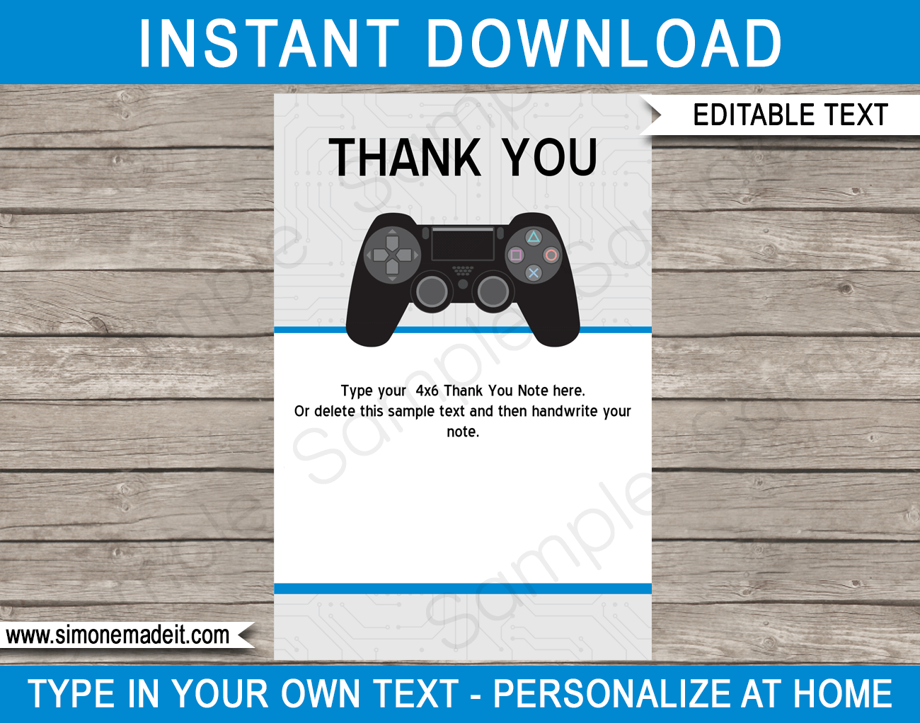 Blue Printable Playstation Party Thank You Cards - Video Game Birthday theme - Editable Template - Instant Download via simonemadeit.com