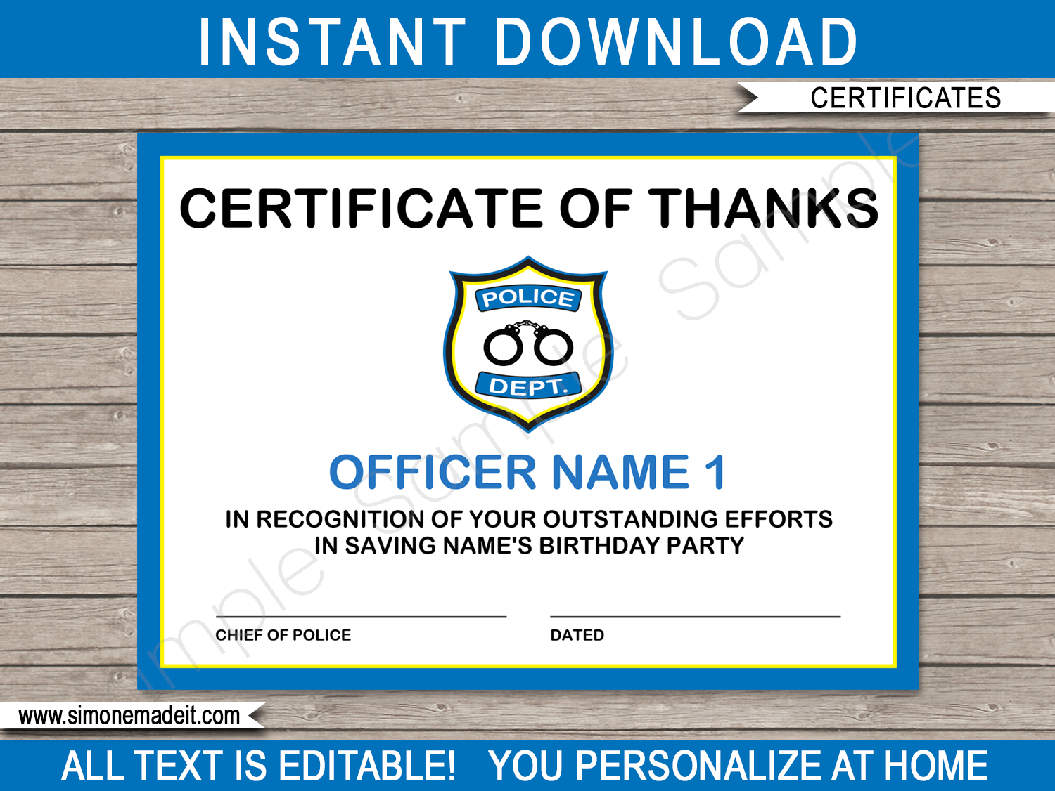 Printable Police Officer Certificate Template | Certificate of Thanks | Police Theme Birthday Party Games or Decorations | $3.00 INSTANT DOWNLOAD via simonemadeit.com