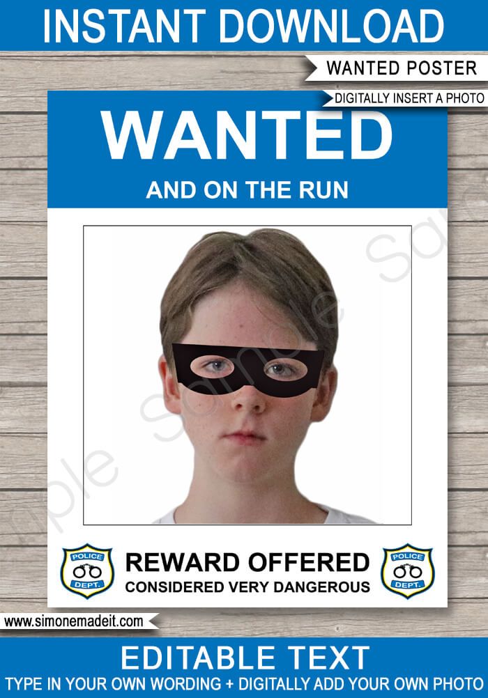 Printable Police Wanted Poster Template | Digitally insert your photo | DIY Police Birthday Party Decorations | Instant Download via simonemadeit.com #wantedposter