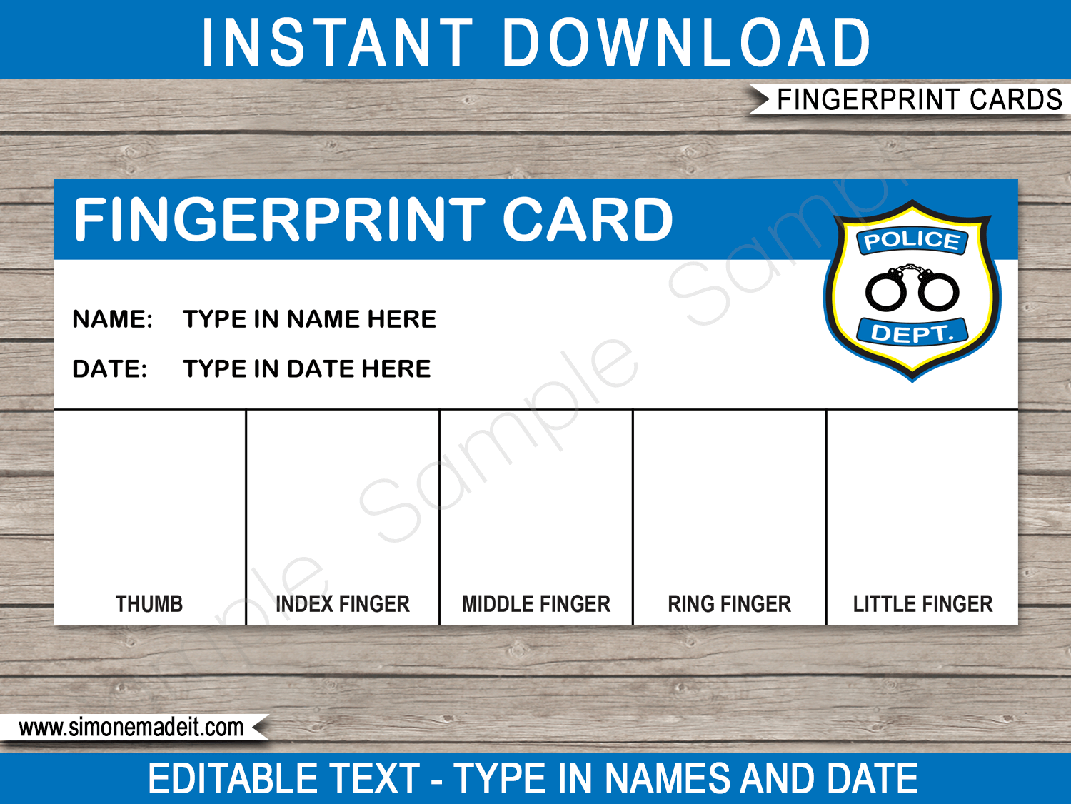 Police Party Fingerprinting Card | Fingerprints | Detective Theme | Birthday Party | Editable & Printable DIY template | INSTANT DOWNLOAD $3.00 via SIMONEmadeit.com