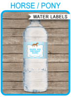 Horse Party Water Bottle Labels template – blue