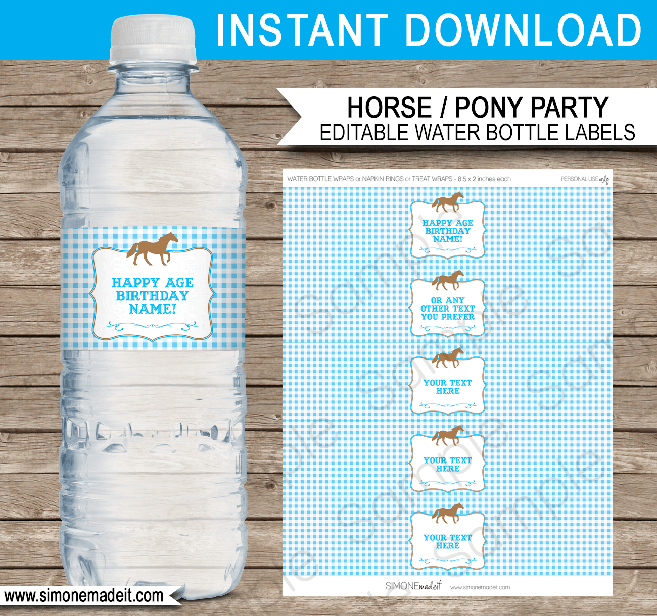 Printable Horse Water Bottle Labels Template | Pony Birthday Party | DIY Editable Text | $3.00 INSTANT DOWNLOAD via SIMONEmadeit.com