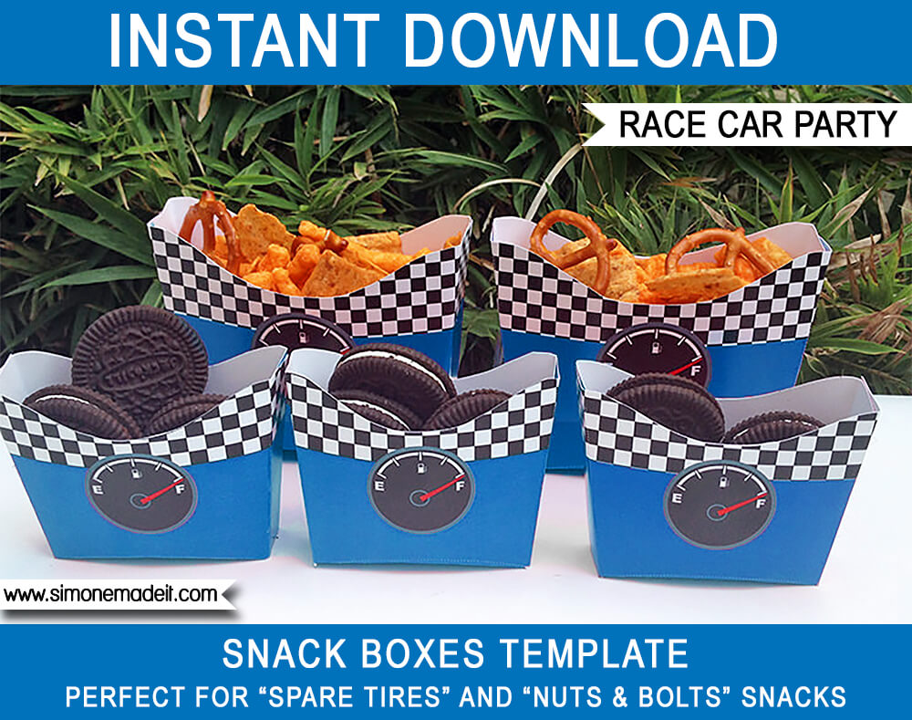 Blue Printable Race Car Party Snack Boxes | Birthday Party Food Ideas | DIY Template | via SIMONEmadeit.com