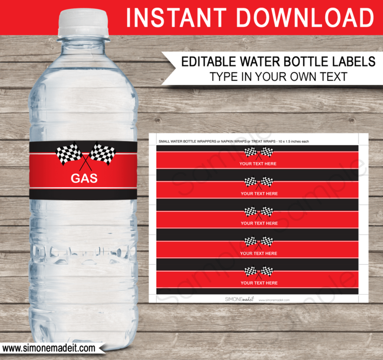 race car water bottle labels printable template party decorations