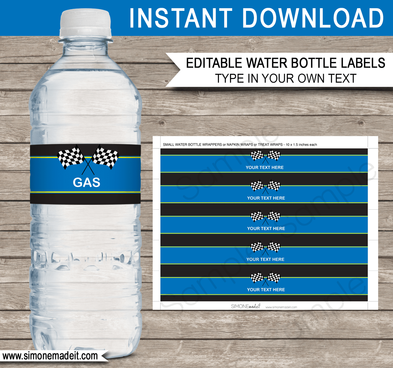 Printable Blue Race Car Theme Water Bottle Labels Template | Race Car Birthday Party Template | Napkin Wraps | Treat Wraps | DIY Editable | INSTANT DOWNLOAD via simonemadeit.com