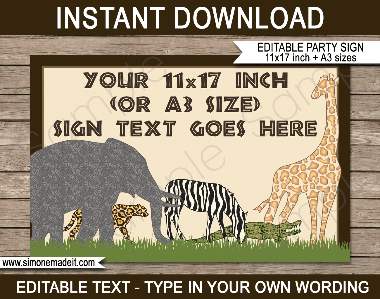 Printable Animal Safari Party Sign Template | 11x17 inch, A3 | Editable Text | Jungle or Zoo Theme Birthday Party Decorations | $4.00 Instant Download via SIMONEmadeit.com