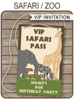 Printable Safari Party VIP Pass Invitation Template | Jungle, Zoo, Animal Safari Birthday Party Theme Invite | DIY Editable Text | INSTANT DOWNLOAD via simonemadeit.com