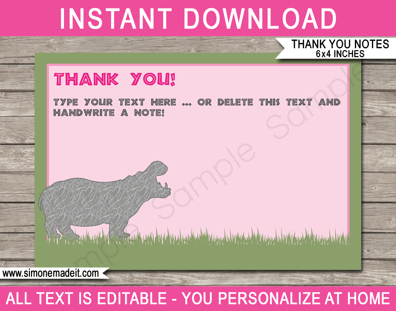 Printable Pink Safari Birthday Party Thank You Cards - Favor Tags - Animal Safari, Jungle or Zoo theme - Editable Template - Instant Download via simonemadeit.com