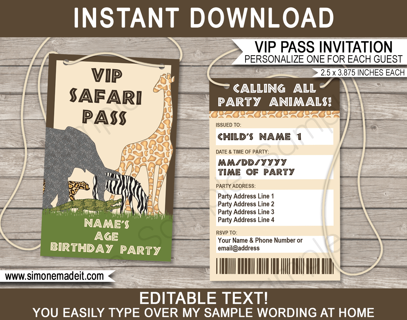 Printable Safari Party VIP Pass Invitation Template | Jungle, Zoo, Animal Safari Birthday Party Theme Invite | DIY Editable Text | INSTANT DOWNLOAD via simonemadeit.com