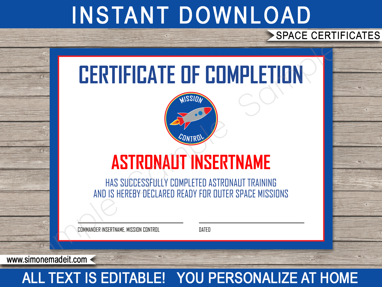 Space Astronaut Training Certificate Template | Certificate of Completion of Astronaut Training | Mission Control | DIY Editable & Printable Template | Outer Space Theme Birthday Party | $3.00 INSTANT DOWNLOAD via simonemadeit.com