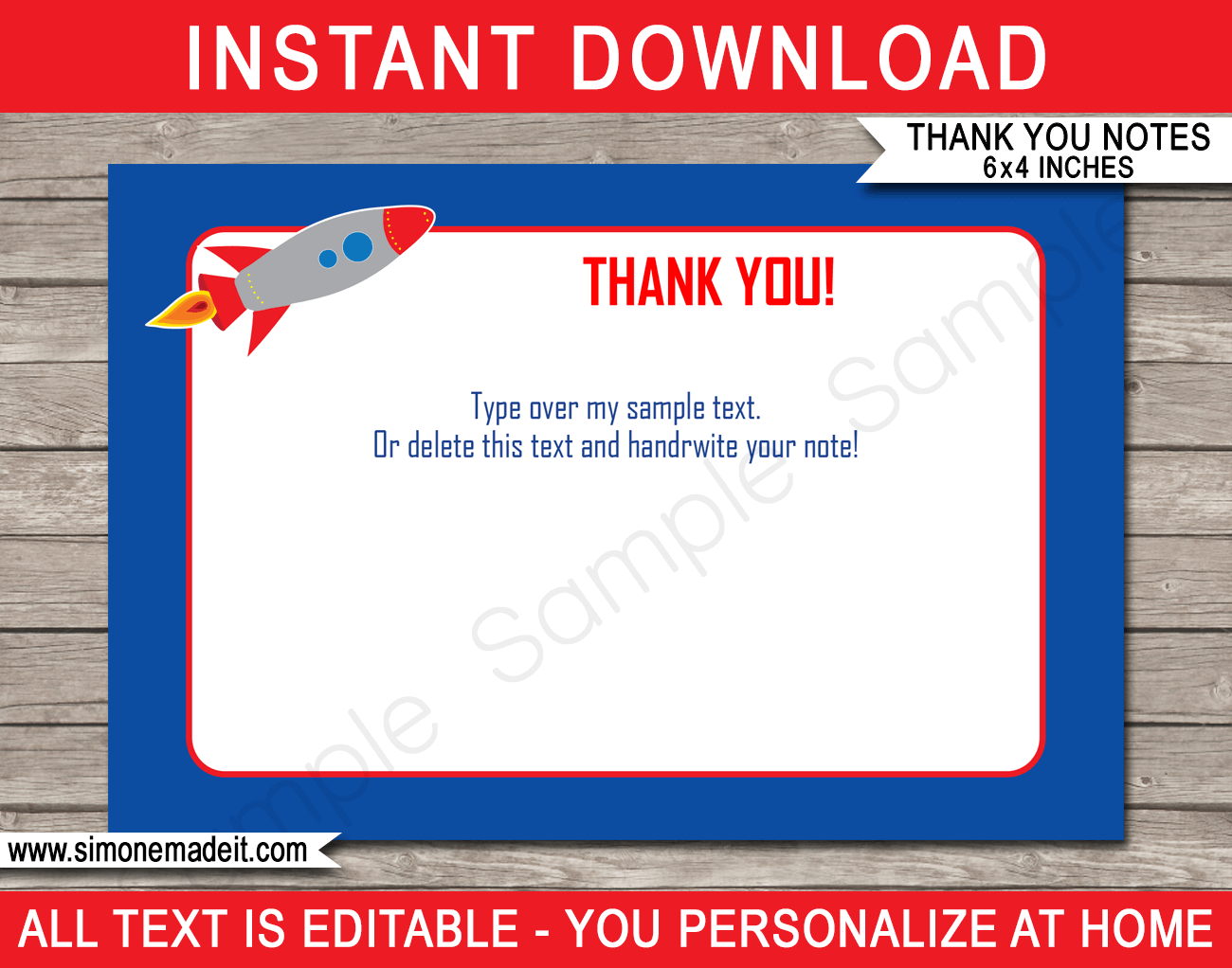 Printable Rocketship Thank You Note Cards - Favor Tags - Space or Astronaut Birthday Party theme - Editable Template - Instant Download via simonemadeit.com