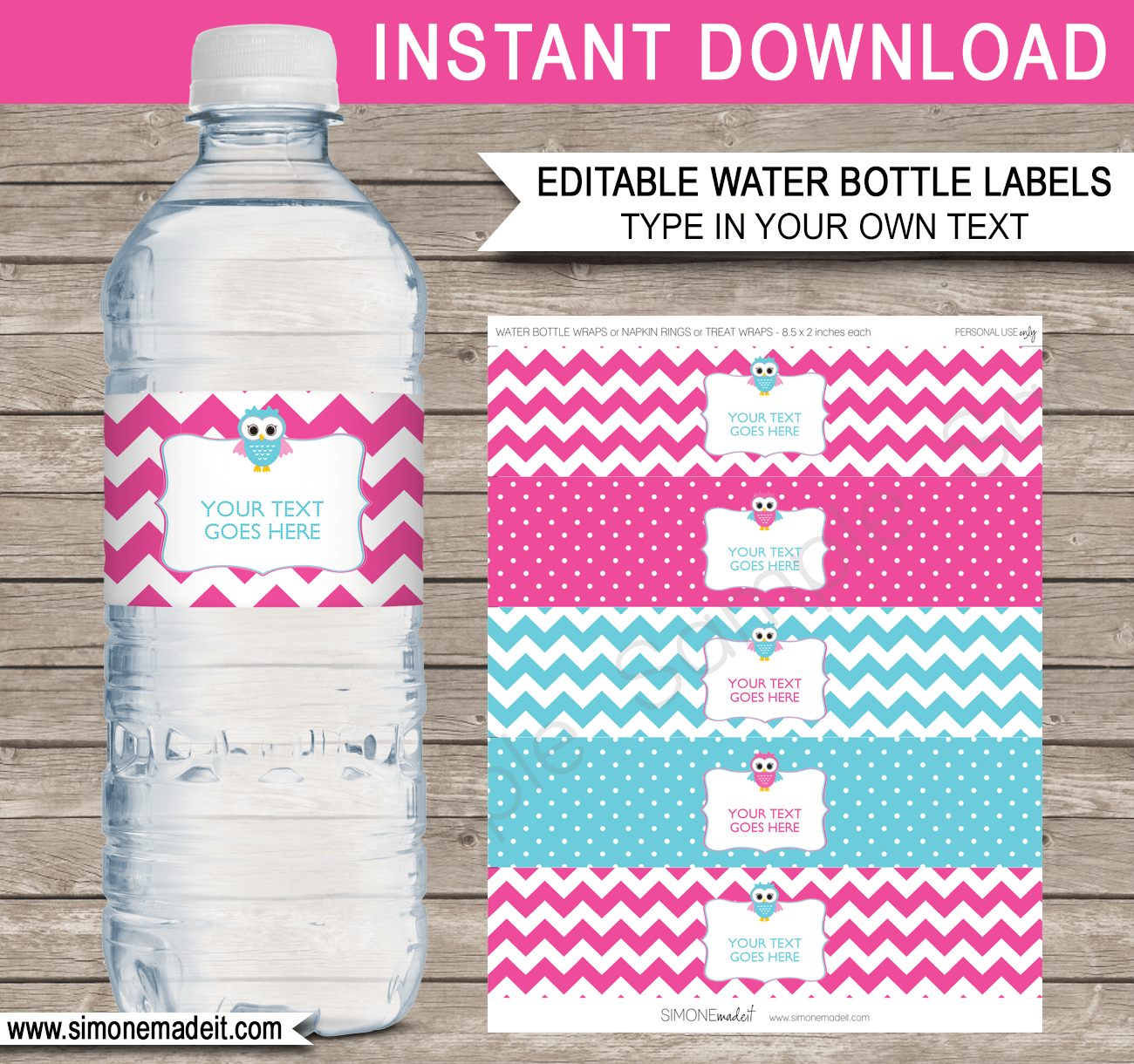 Pink Printable Owl Party Water Bottle Labels | Baby Shower or Birthday Party Theme | Editable DIY Template | $3.00 INSTANT DOWNLOAD via SIMONEmadeit.com