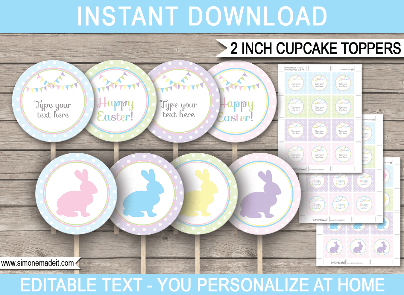 Printable Easter Cupcake Toppers Template | 2 inch | Easter Party | Gift Tags | DIY Editable Text | INSTANT DOWNLOAD via simonemadeit.com