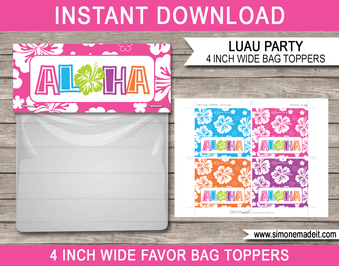 Printable Luau Party Favor Bag Toppers | Aloha | Hawaiian Luau Theme Birthday Party Favors | DIY Printable Templates | INSTANT DOWNLOAD via SIMONEmadeit.com #luaupartyfavors #luauparty