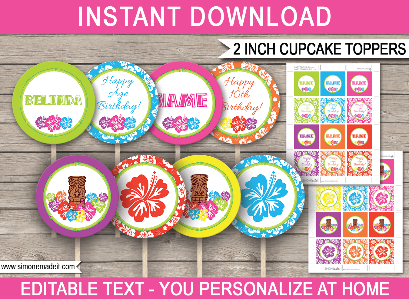 Printable Luau Cupcake Toppers Template | 2 inch | Gift Tags | DIY Editable Text | INSTANT DOWNLOAD via simonemadeit.com