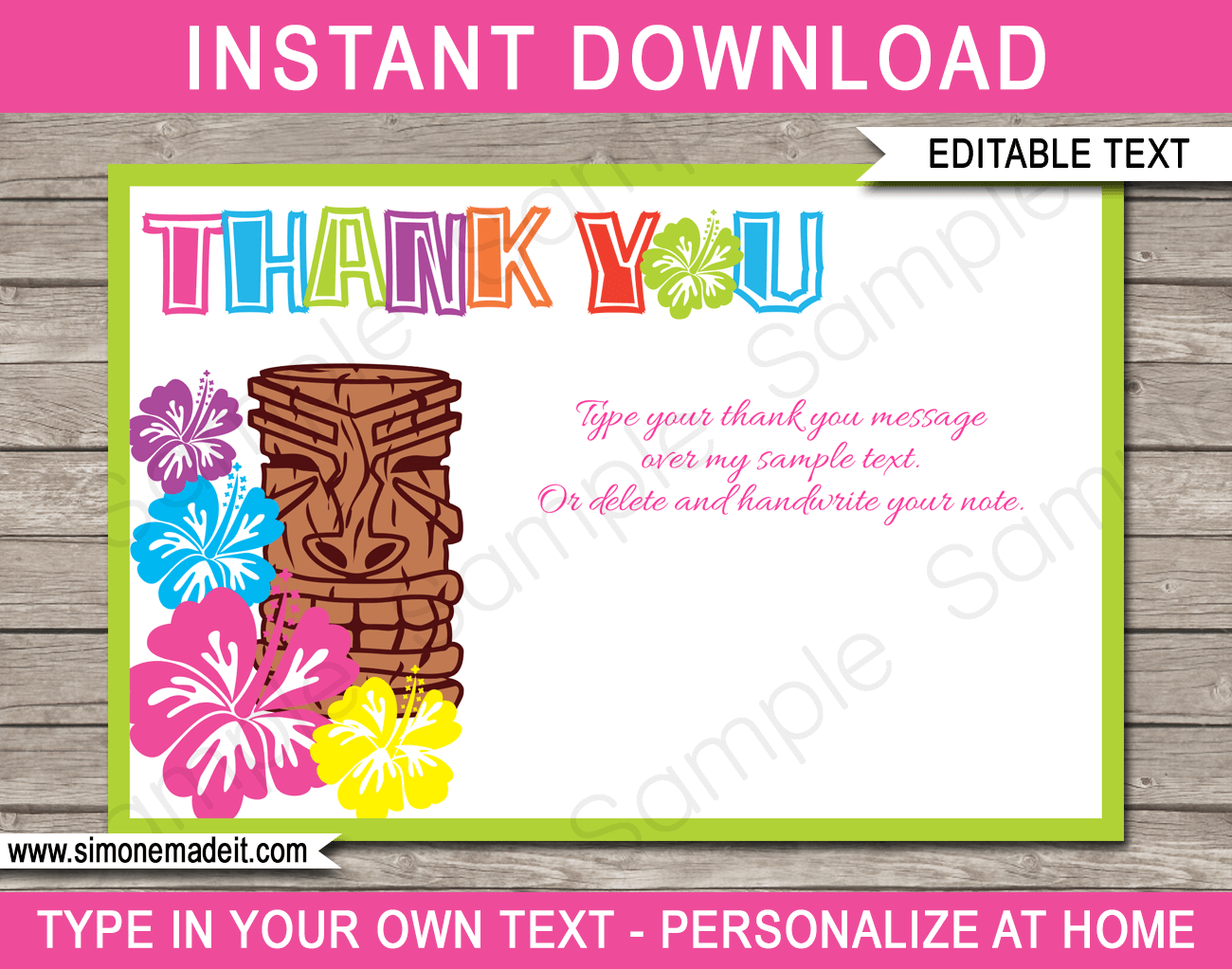 Printable Luau Birthday Party Thank You Cards Template - Editable Text - Instant Download via simonemadeit.com