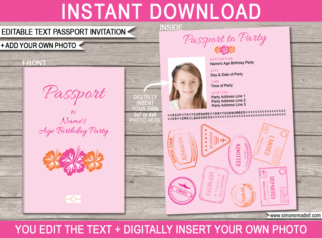 Printable Luau Party Passport Invitation Template with Photo | Hawaiian Luau Theme Birthday Party Theme | Kids Passport Invite | DIY Editable Text | INSTANT DOWNLOAD via simonemadeit.com