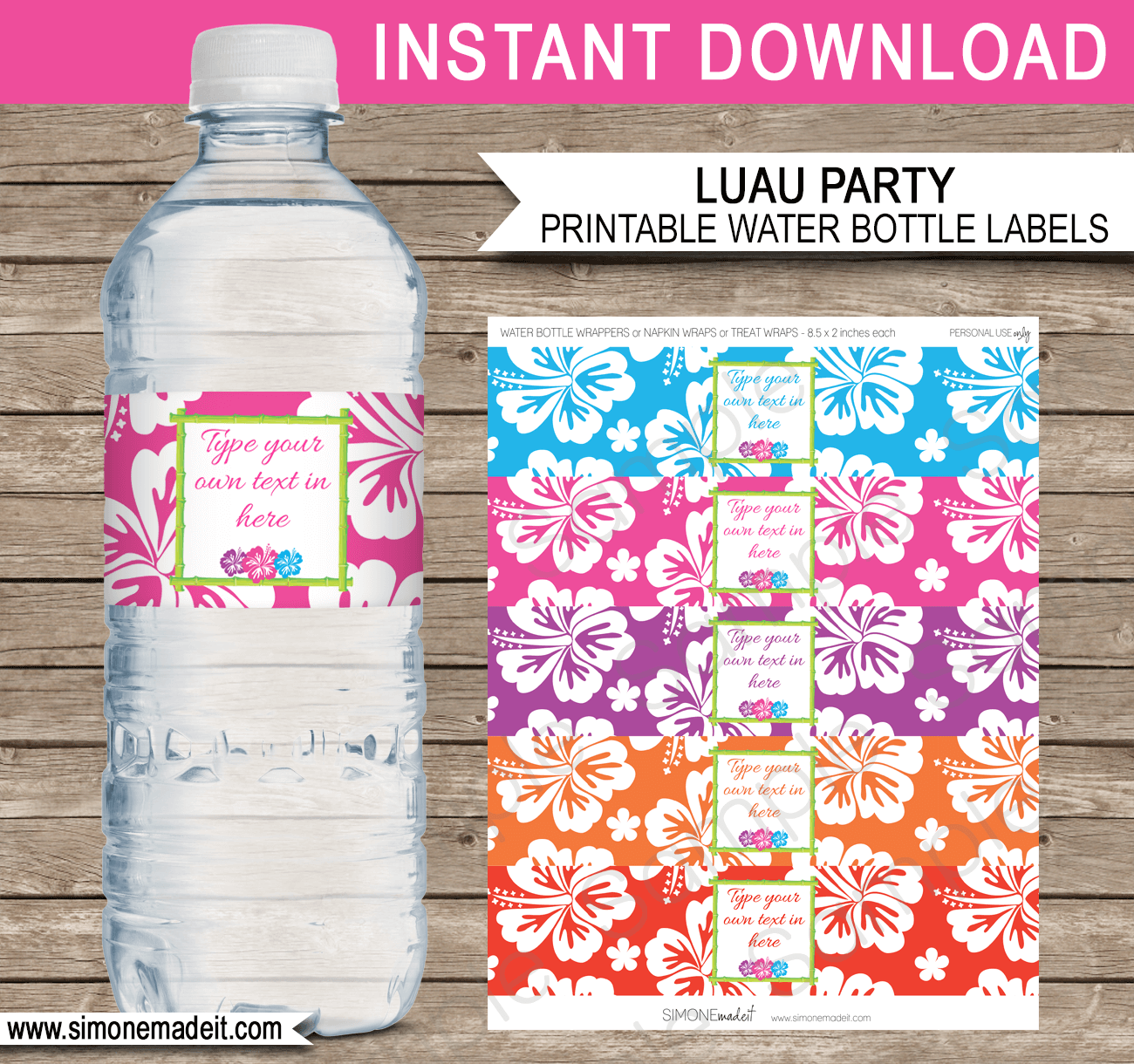 Printable Luau Party Water Bottle Labels Template | Birthday Party Decorations | DIY Editable Text | $3.00 INSTANT DOWNLOAD via SIMONEmadeit.com