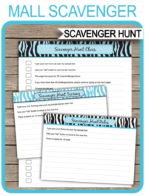 Mall Scavenger Hunt Clues, Scoring & Rules template – turquoise