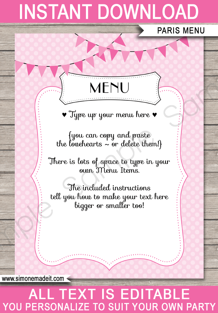 Printable Paris Birthday Party Menu Template | Paris Theme Decorations | INSTANT DOWNLOAD with Editable Text via simonemadeit.com