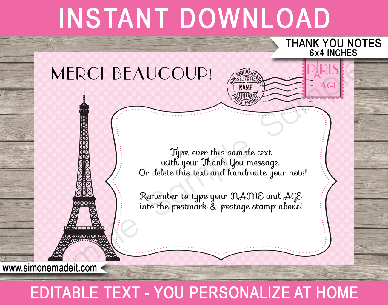 Printable Paris Birthday Party Thank You Cards Template - Favor Tags - Editable Text PDF - Instant Download via simonemadeit.com