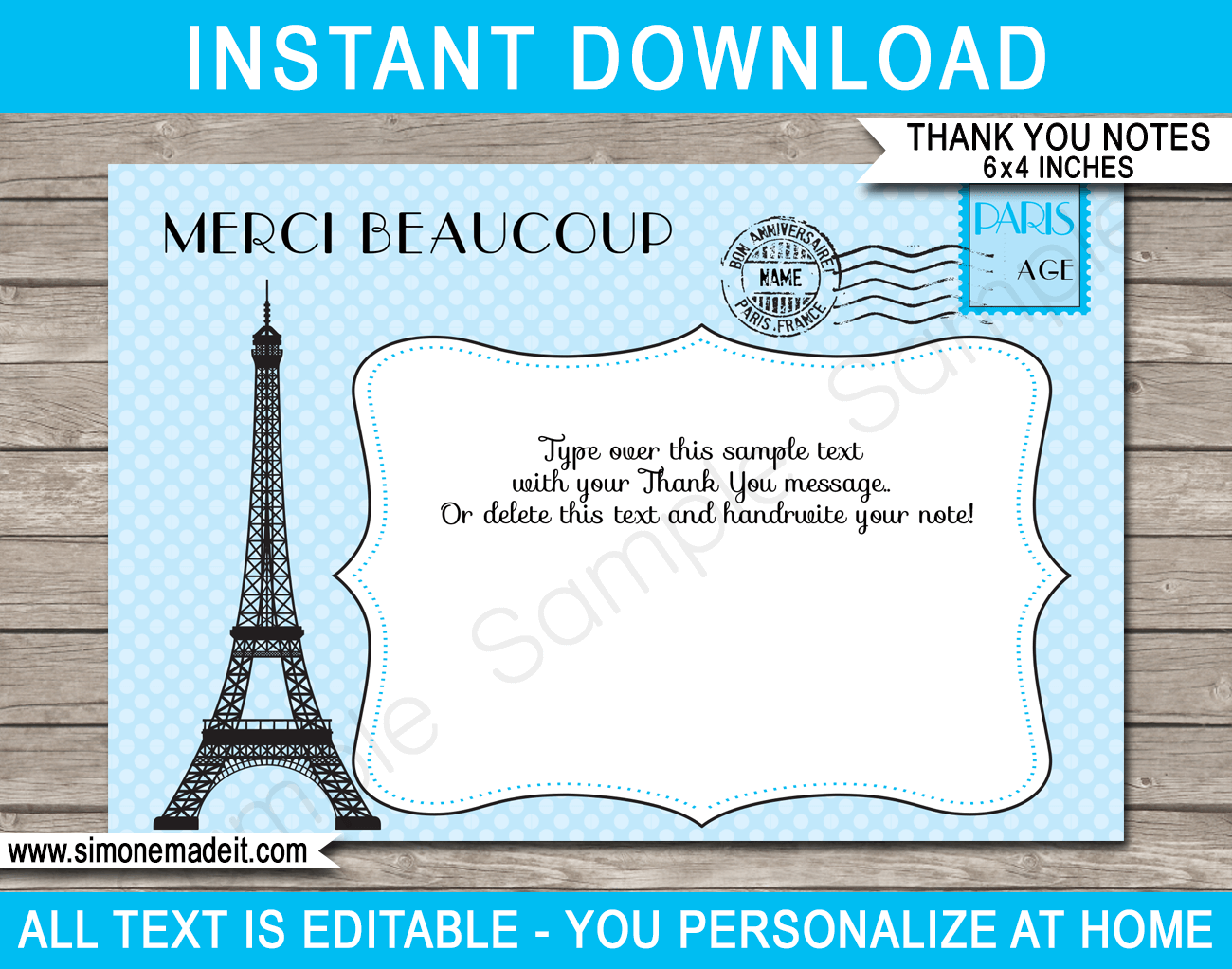 Printable Blue Paris Party Thank You Cards Template - Favor Tags - Editable Text PDF - Instant Download via simonemadeit.com