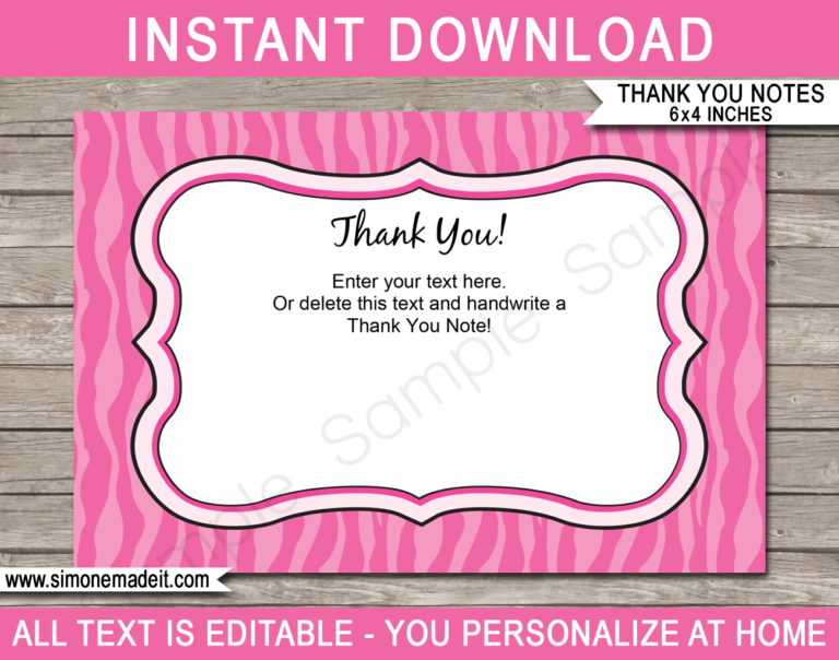 Pink Zebra Thank You Cards Template Printable Birthday Party Tags