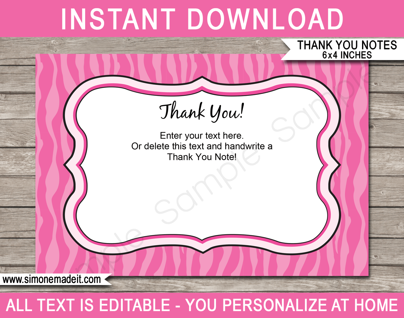 Printable Pink Zebra Thank You Cards Template - Birthday Party Favor Tags - Editable Text - Instant Download via simonemadeit.com