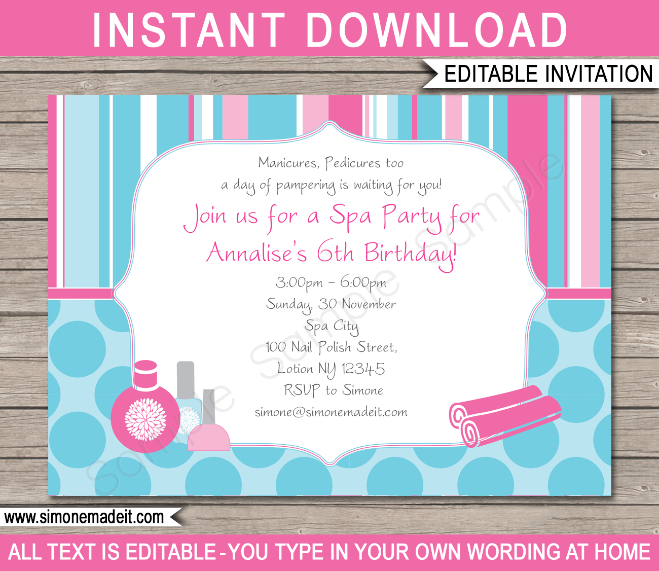 Printable Spa Birthday Party Invitations Template | DIY Invite with Editable Text | INSTANT DOWNLOAD $7.50 via SIMONEmadeit.com