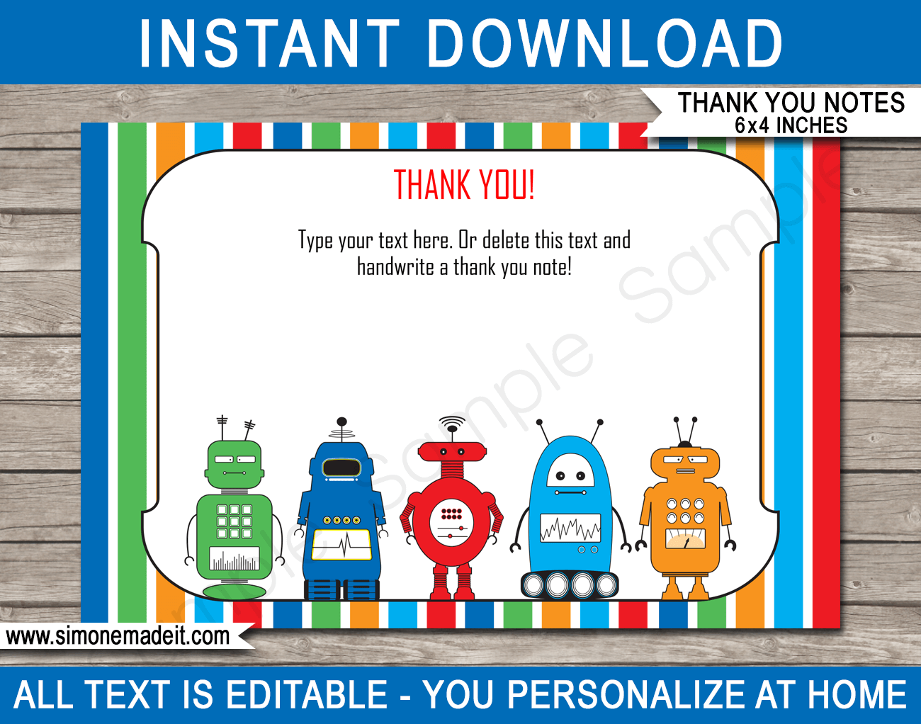 Printable Robot Party Thank You Cards Template - Robots Birthday theme - Editable Text - Instant Download via simonemadeit.com