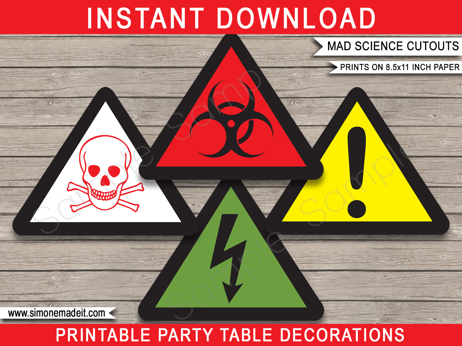 Printable Mad Science Party Decorations Cutouts | Birthday Party templates | Radioactive, Toxic, Warning, Biological Hazard | via SIMONEmadeit.com