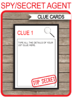 Printable Spy Treasure Hunt Clue Cards Template | Spy Party Games | Secret Agent Theme Birthday Party | classroom Activities | DIY Editable Text | Instant Download via SIMONEmadeit.com