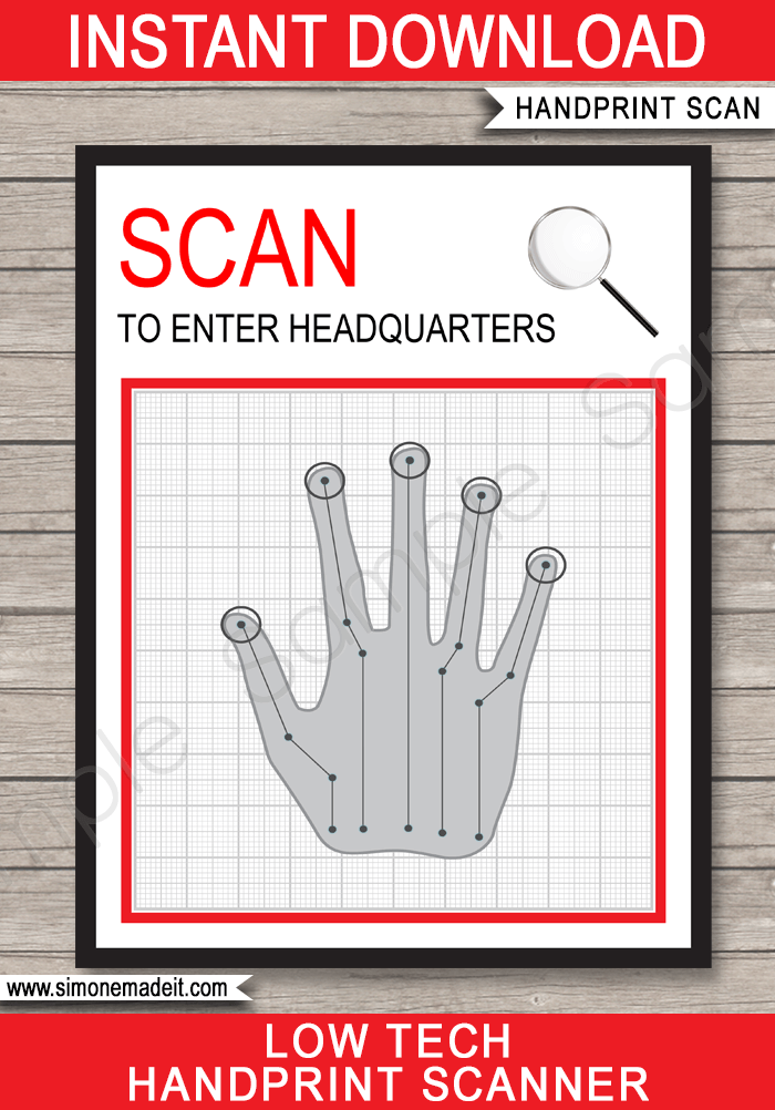 Printable Spy Party Decorations Template | Handprint Scanner | Secret Agent Birthday Party | DIY Editable Text | INSTANT DOWNLOAD via simonemadeit.com