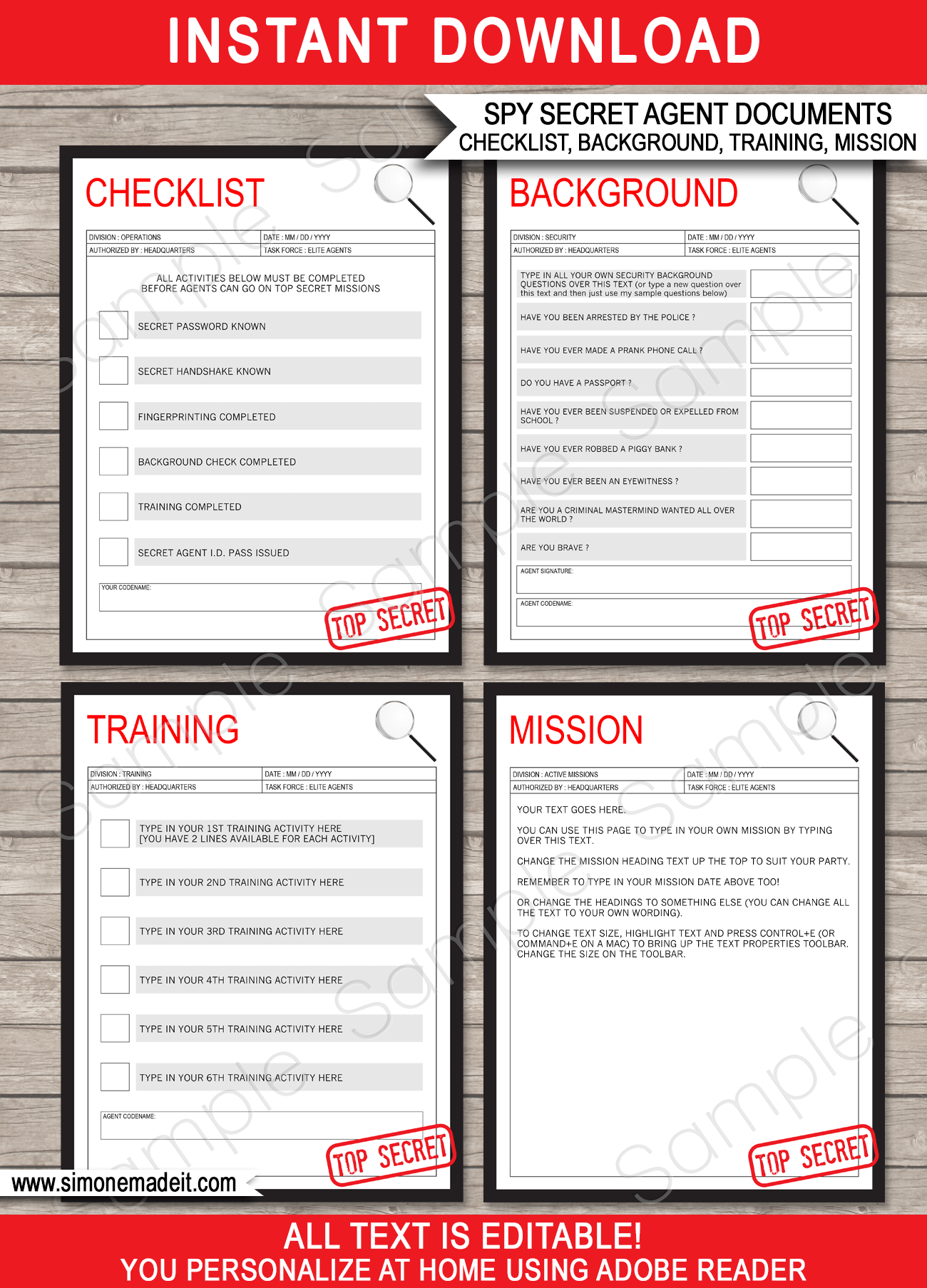 Spy Party Mission & Activities Checklist Templates – red Inside Spy Id Card Template