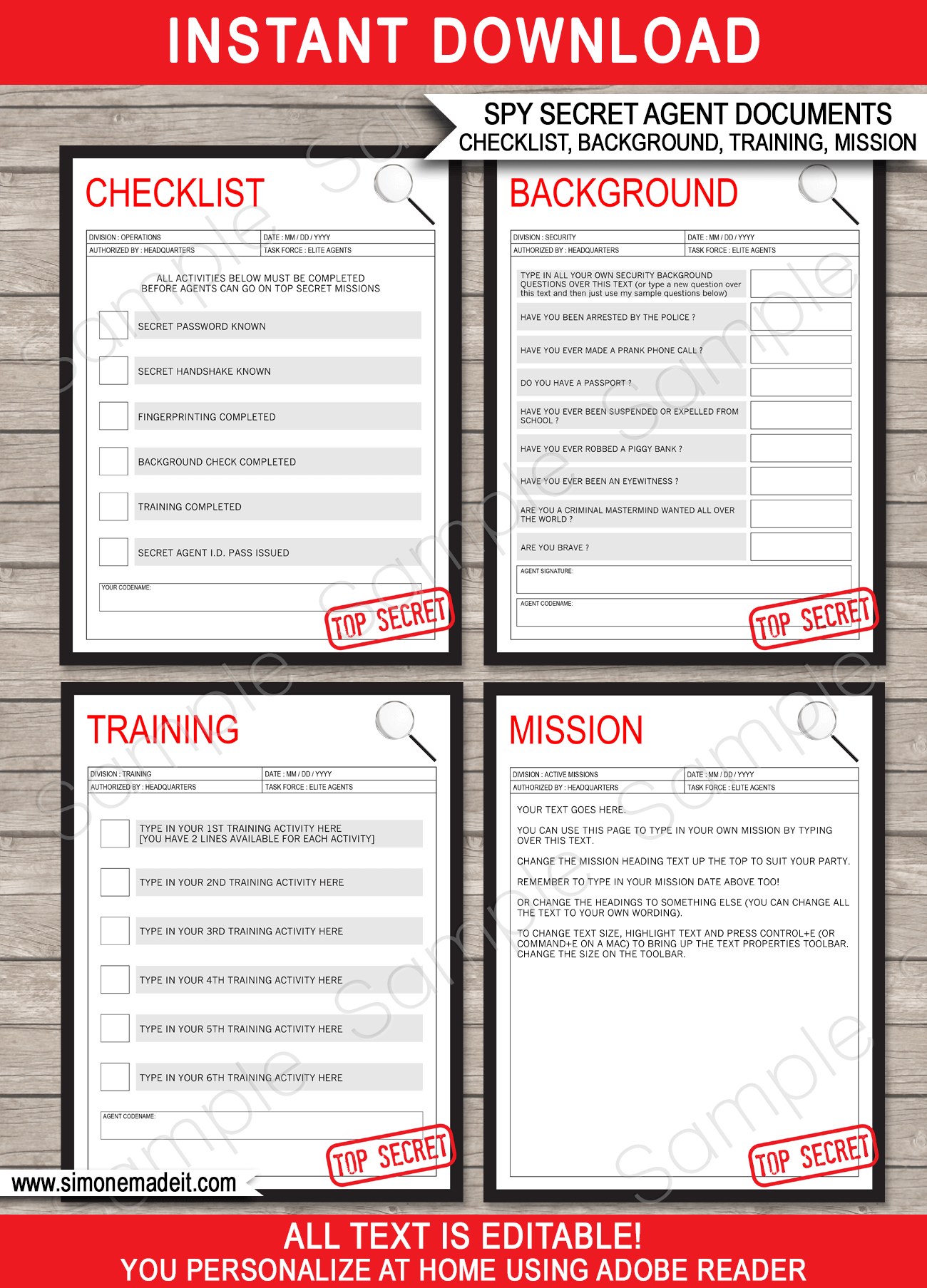 Printable Spy Party Mission & Activities Checklists | Printable Secret Agent Training Birthday Party Theme | DIY Editable Text | INSTANT DOWNLOAD via simonemadeit.com