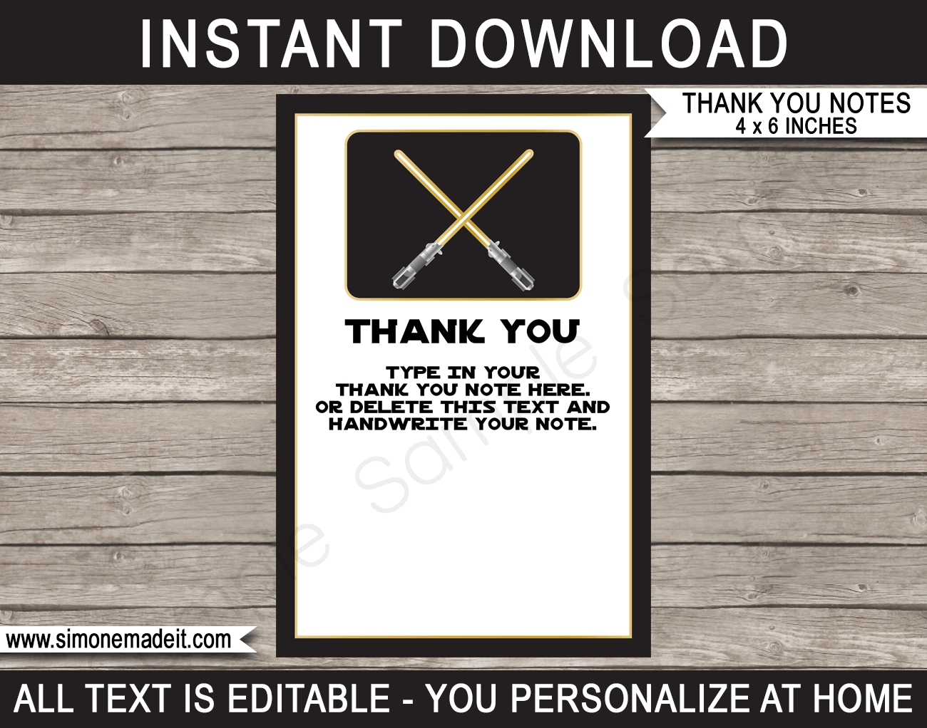 Printable Star Wars Birthday Party Thank You Cards Template - DIY Editable Text - Instant Download via simonemadeit.com