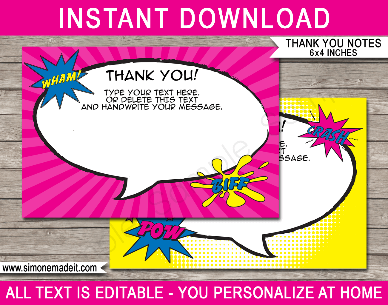 Printable Supergirl Thank You Cards - Comic Book Superhero Birthday Party theme - Editable Template - Instant Download via simonemadeit.com