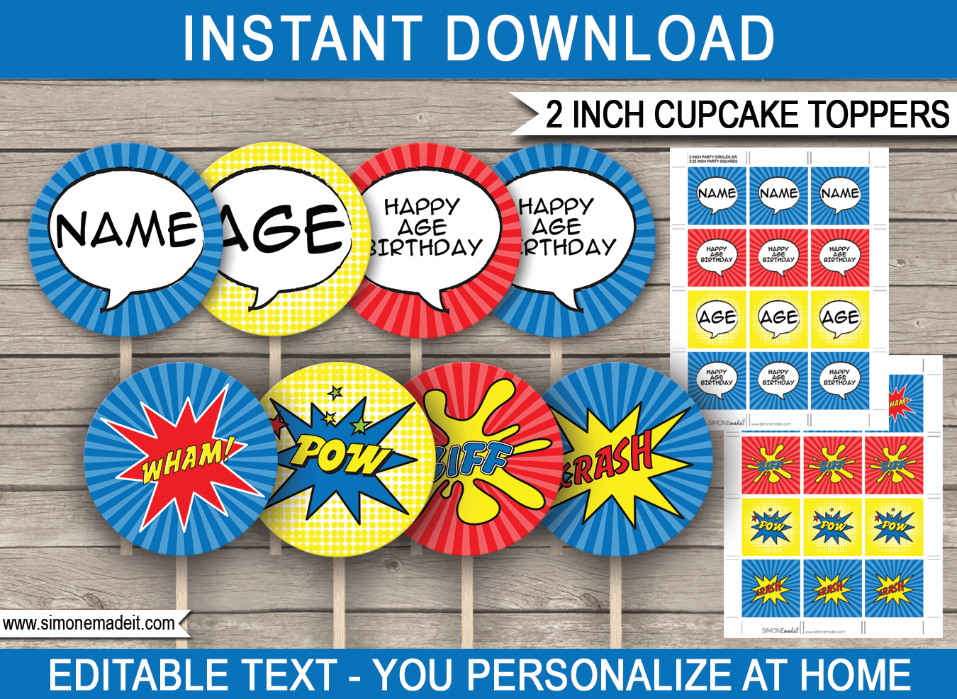 Printable Superhero Cupcake Toppers Template | 2 inch | Super Hero Birthday Party | Gift Tags | DIY Editable Text | INSTANT DOWNLOAD via simonemadeit.com