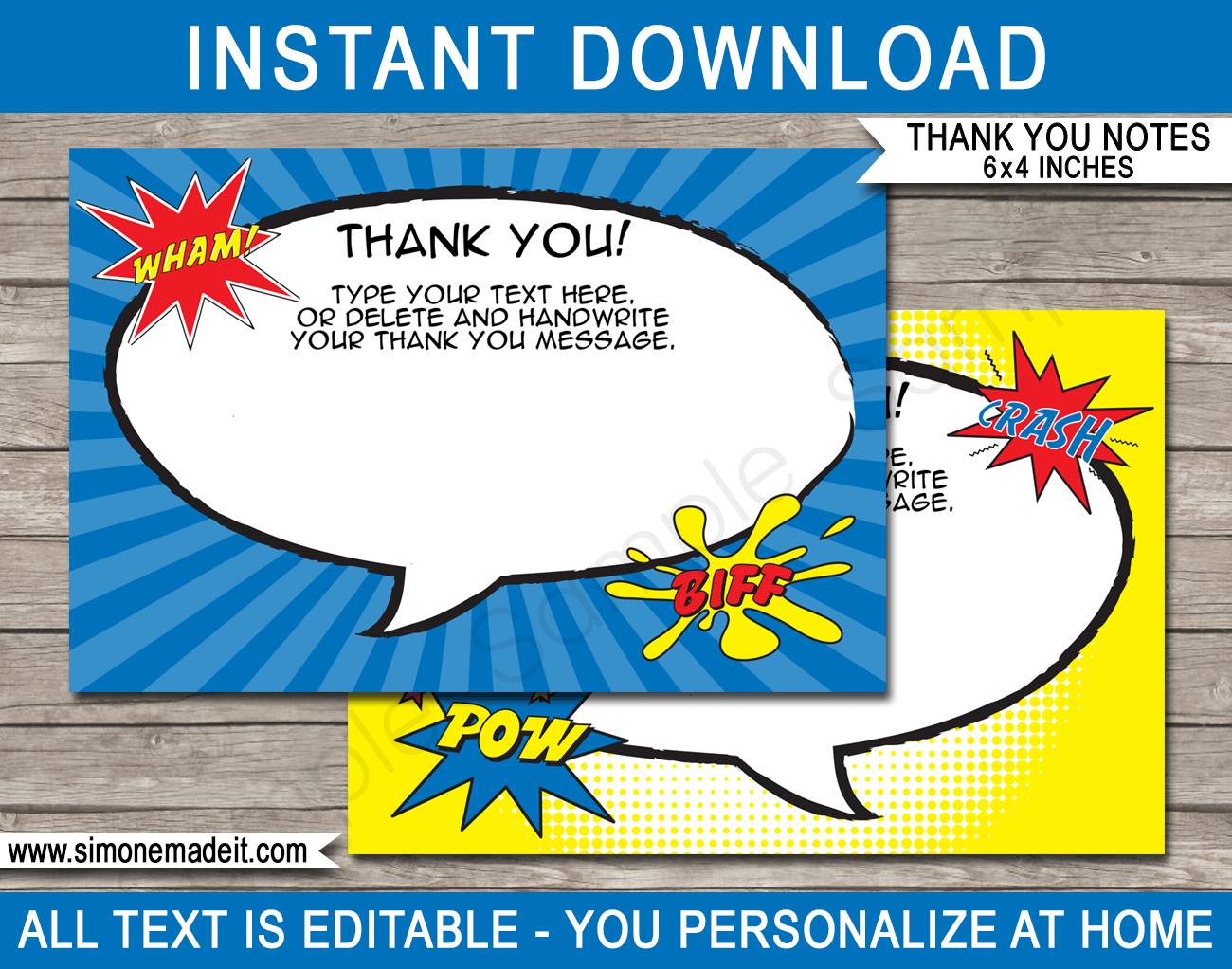 Printable Superhero Thank You Cards - Comic Book Super Hero Birthday Party theme - Editable Template - Instant Download via simonemadeit.com