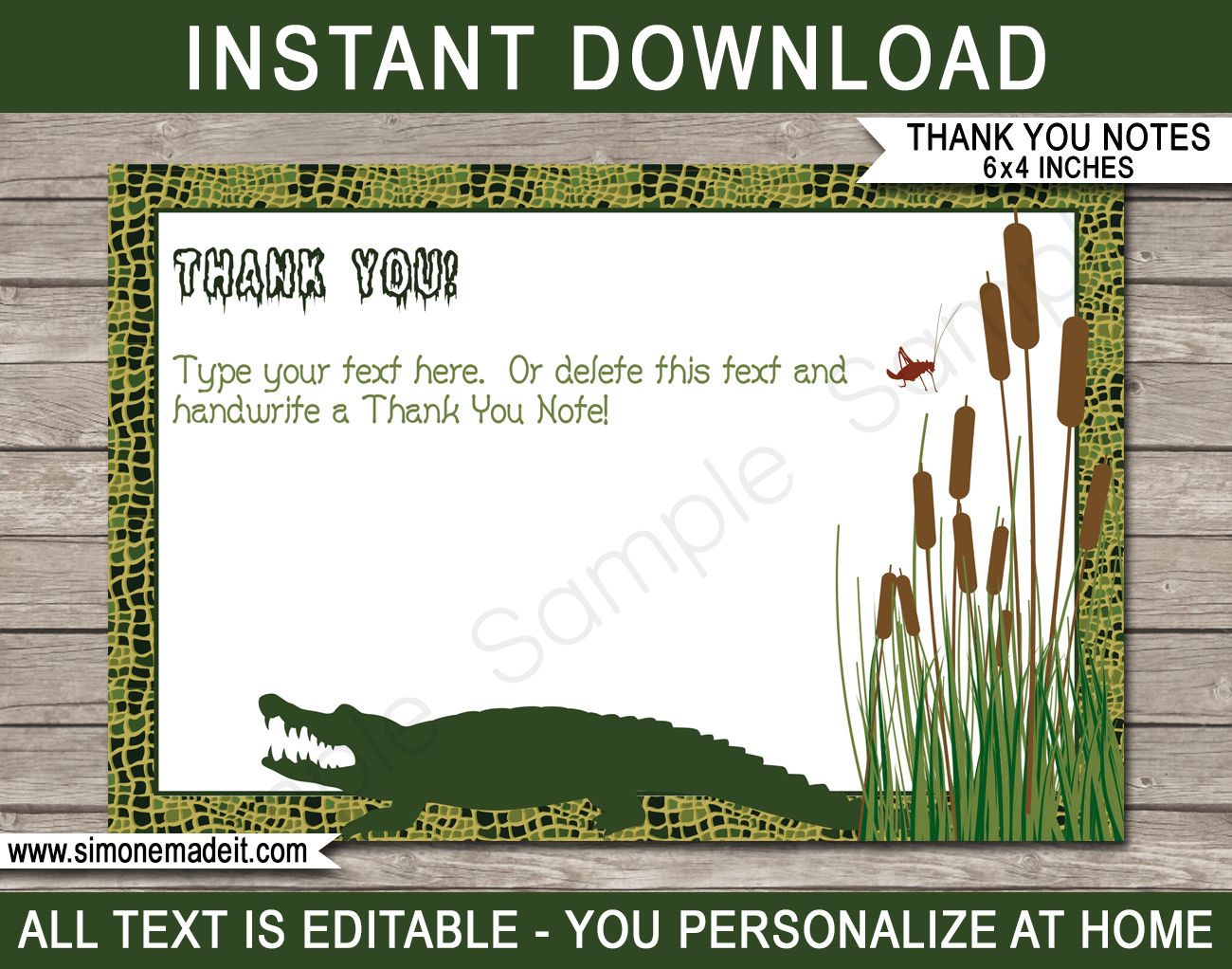 Printable Swamp Birthday Party Thank You Card Template - Favor Note Tags - Editable Text - Instant Download via simonemadeit.com