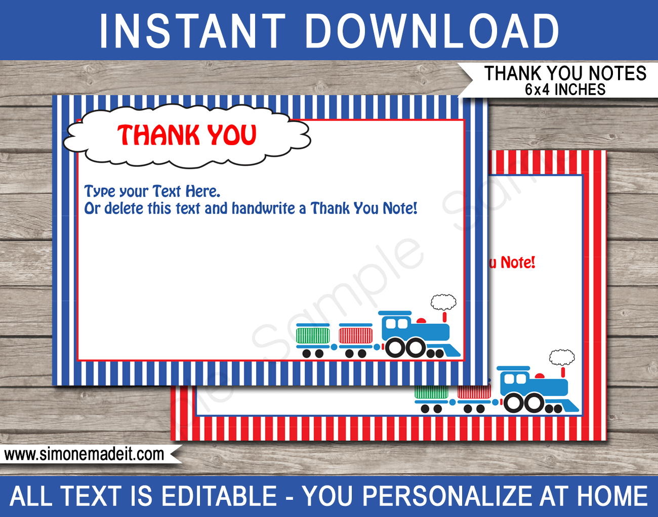 Printable Train Birthday Party Thank You Card Template - Favor Note Tags - Editable Text - Instant Download via simonemadeit.com