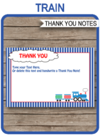 Printable Train Birthday Party Thank You Card Template - Favor Note Tags - Editable Text - Instant Download via simonemadeit.com
