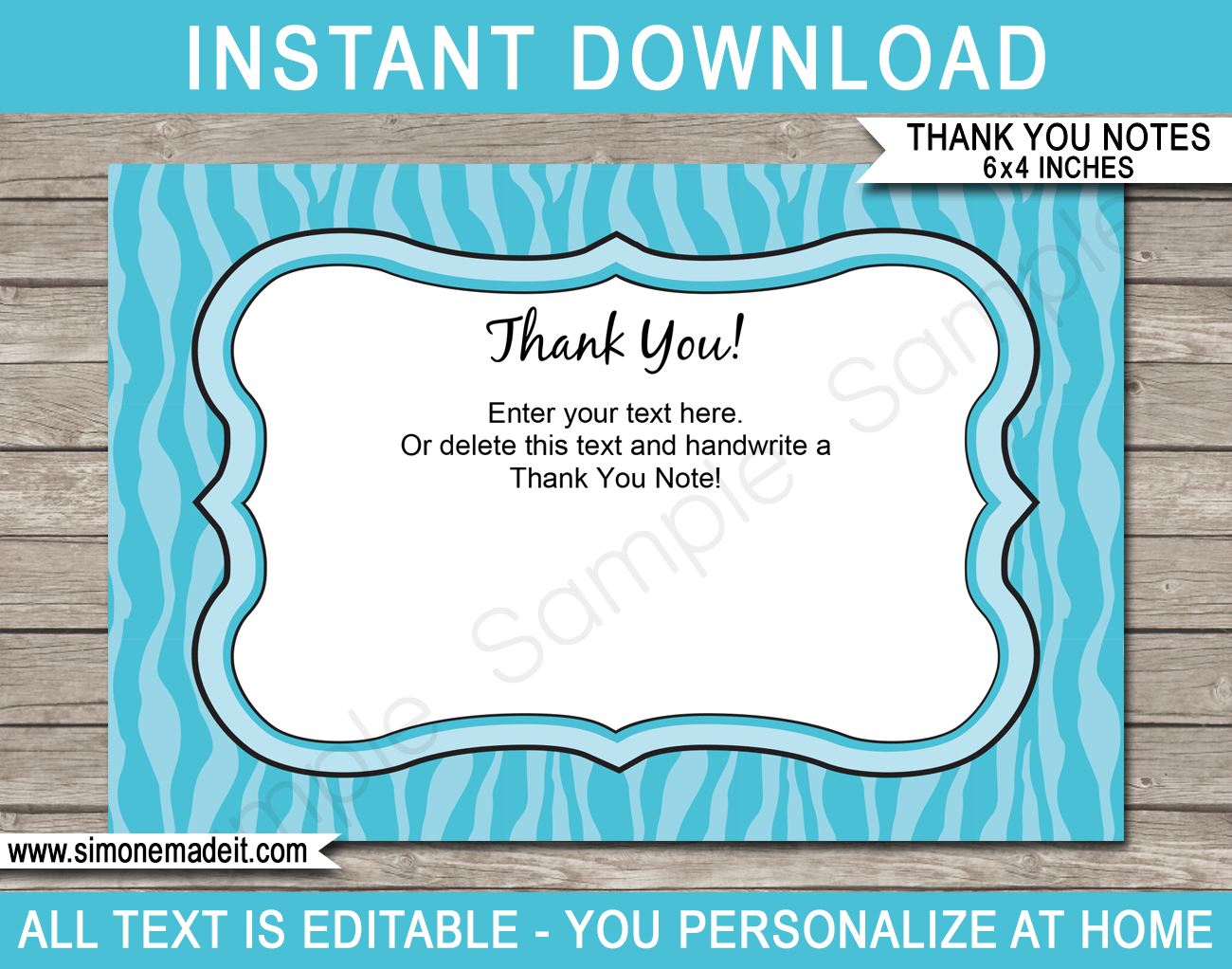 Printable Turquoise Zebra Thank You Cards Template - Birthday Party Favor Tags - Editable Text - Instant Download via simonemadeit.com