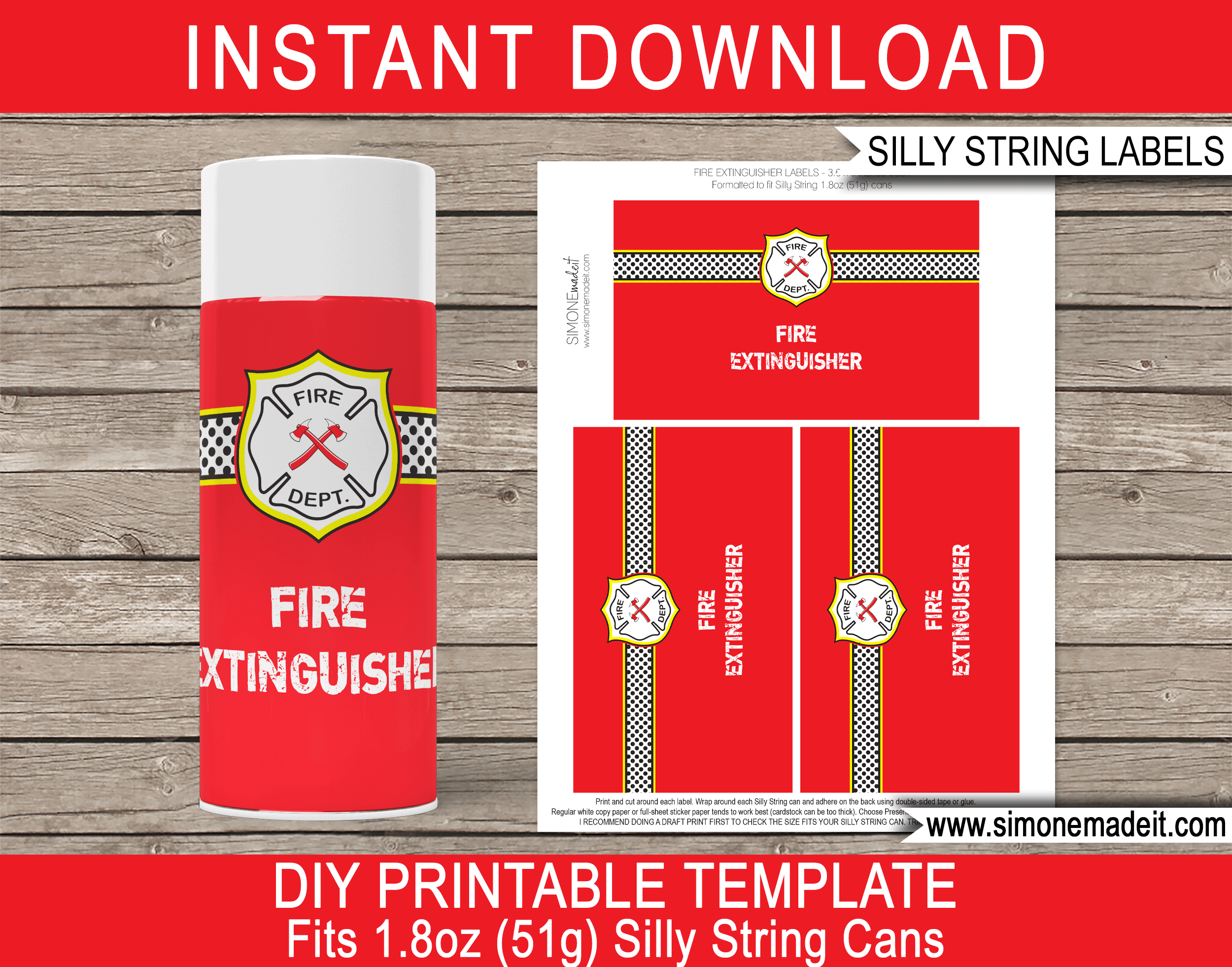Printable Fire Extinguisher Silly String Labels | Fire Fighter Fireman Birthday Party Games, Activities & Favors | DIY Template | Goofy String | via SIMONEmadeit.com