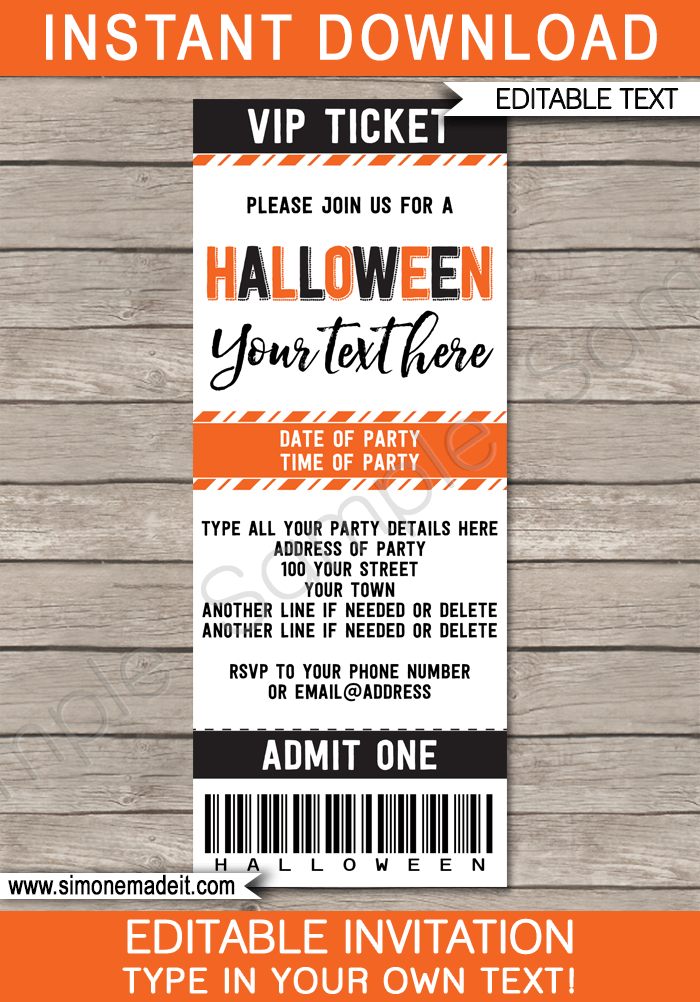 Halloween Party Ticket Invitations | Printable Halloween Ticket Invites | DIY Editable Template | INSTANT DOWNLOAD via simonemadeit.com